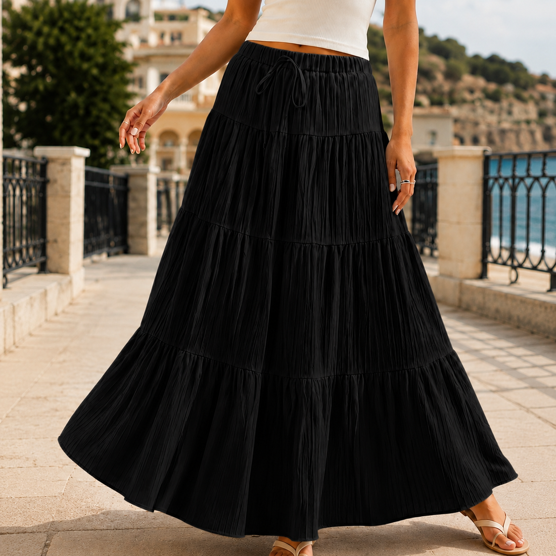 April Tiered Maxi Skirt - Black
