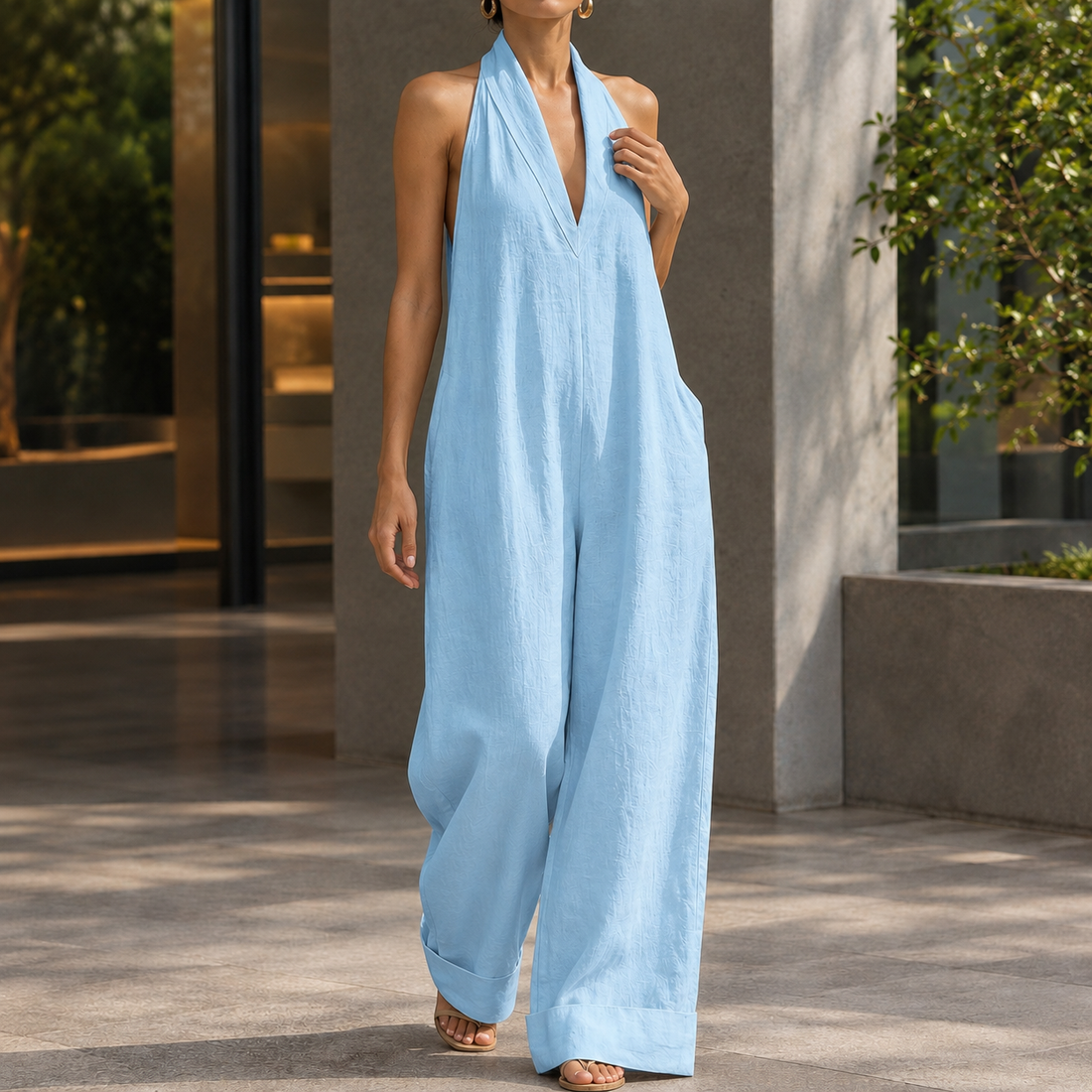 Arletta-Sage Halterneck Jumpsuit - Light Blue