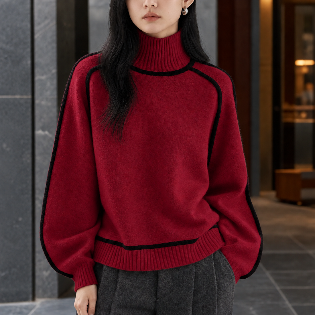 Bethany-Louise Contrast Turtleneck Sweater - Red