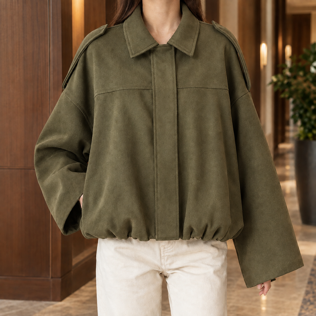 Chantal-Pearl Suede Blouson Jacket - Army Green