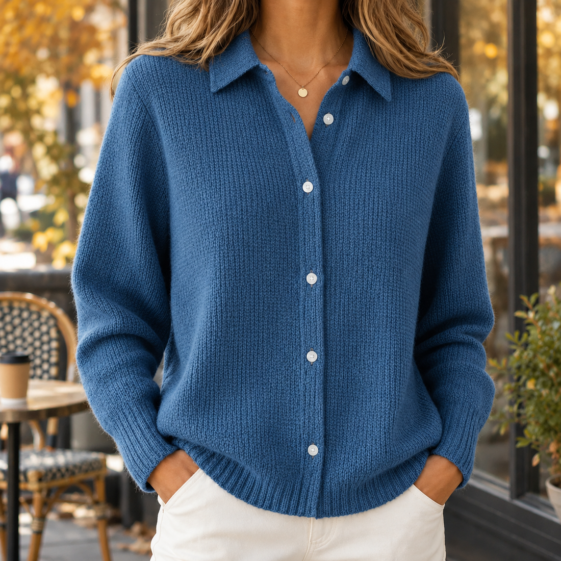 Gillian-Claire Collared Knit Cardigan - Denim Blue