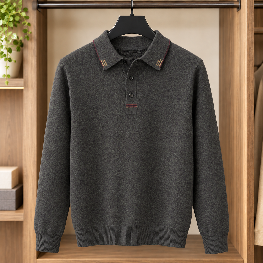 Brett Tipped Polo Sweater - Gray Coffee