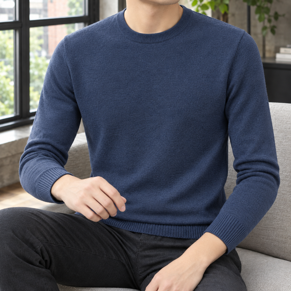 Edmund-Stone Crew Neck Sweater - Navy Blue