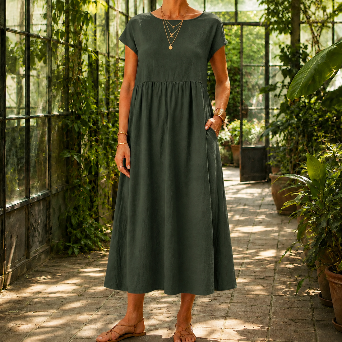 Estella Gathered Midi Dress - Military Green