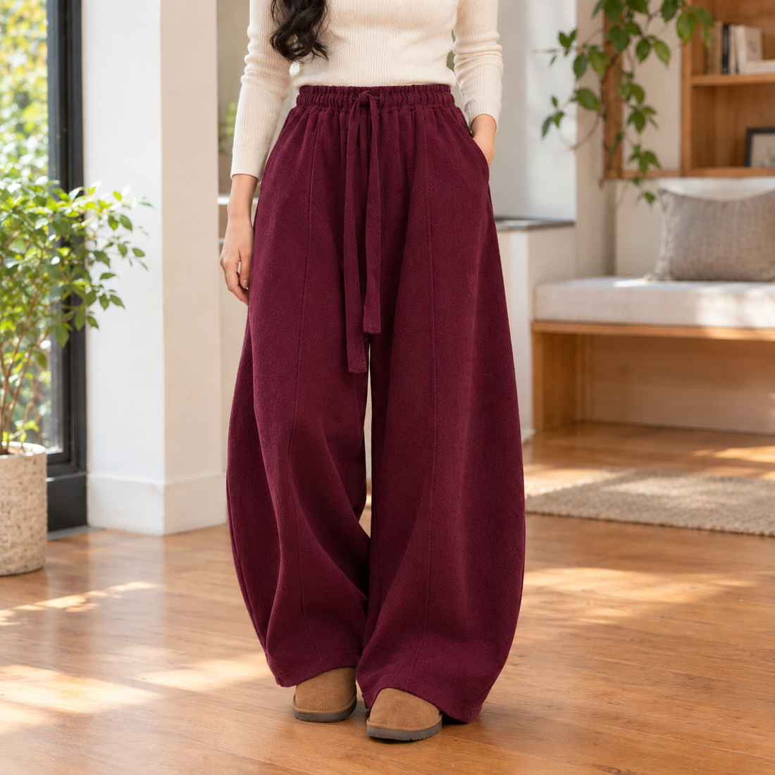 Charlotte-June Relaxed Barrel Pants - Burgundy