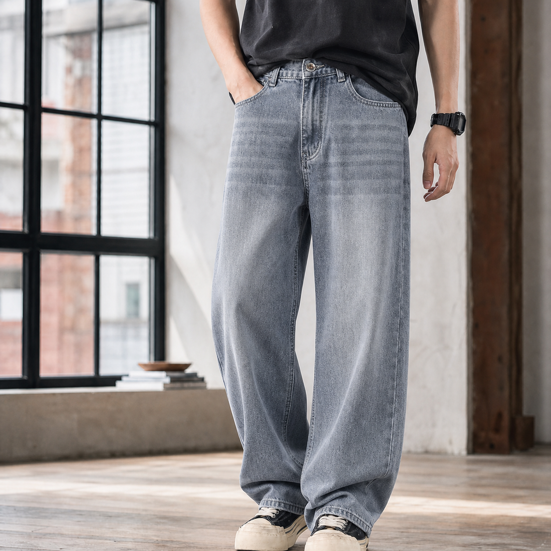 Liam-Rhys Wide Leg Jeans - Sky Gray