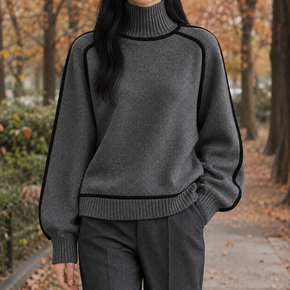 Maeve-Hope Contrast Trim Sweater - Gray