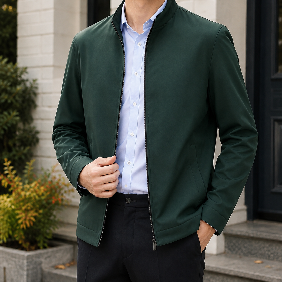 Aldous Silk Jacket - Green Stand Collar
