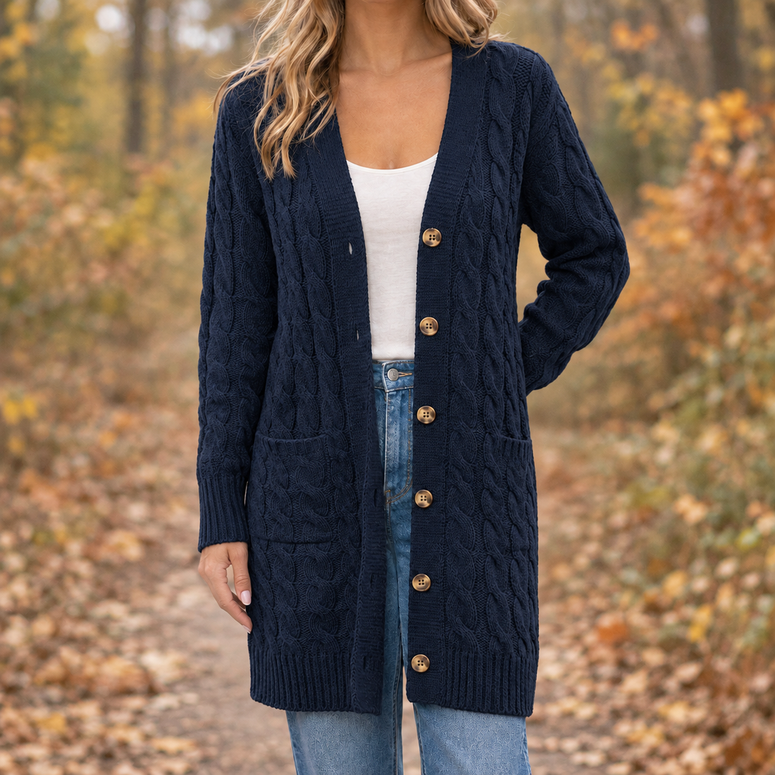 Mina-Marie Cable Knit Cardigan - Navy Blue