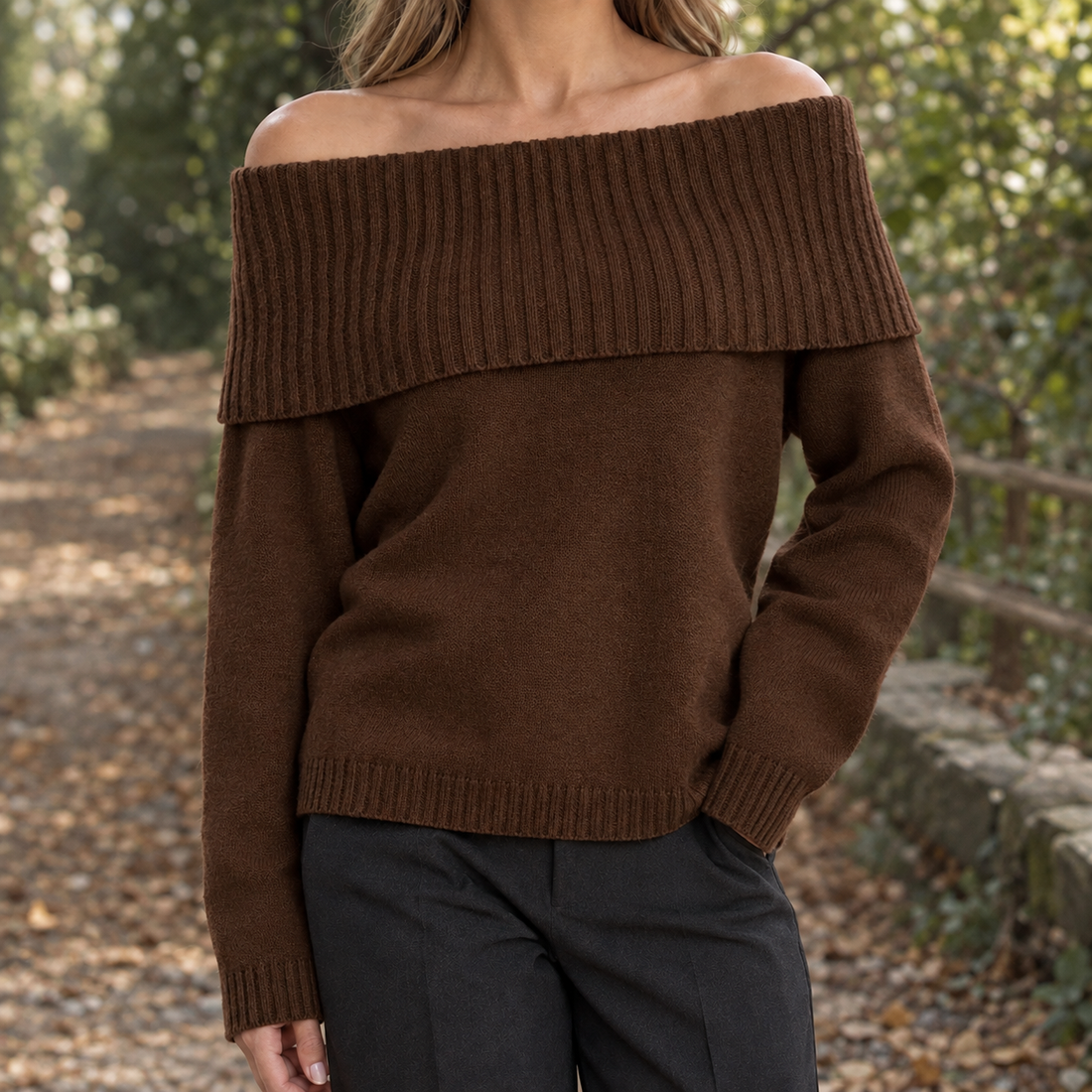 Paloma-Lane Off Shoulder Sweater - Brown