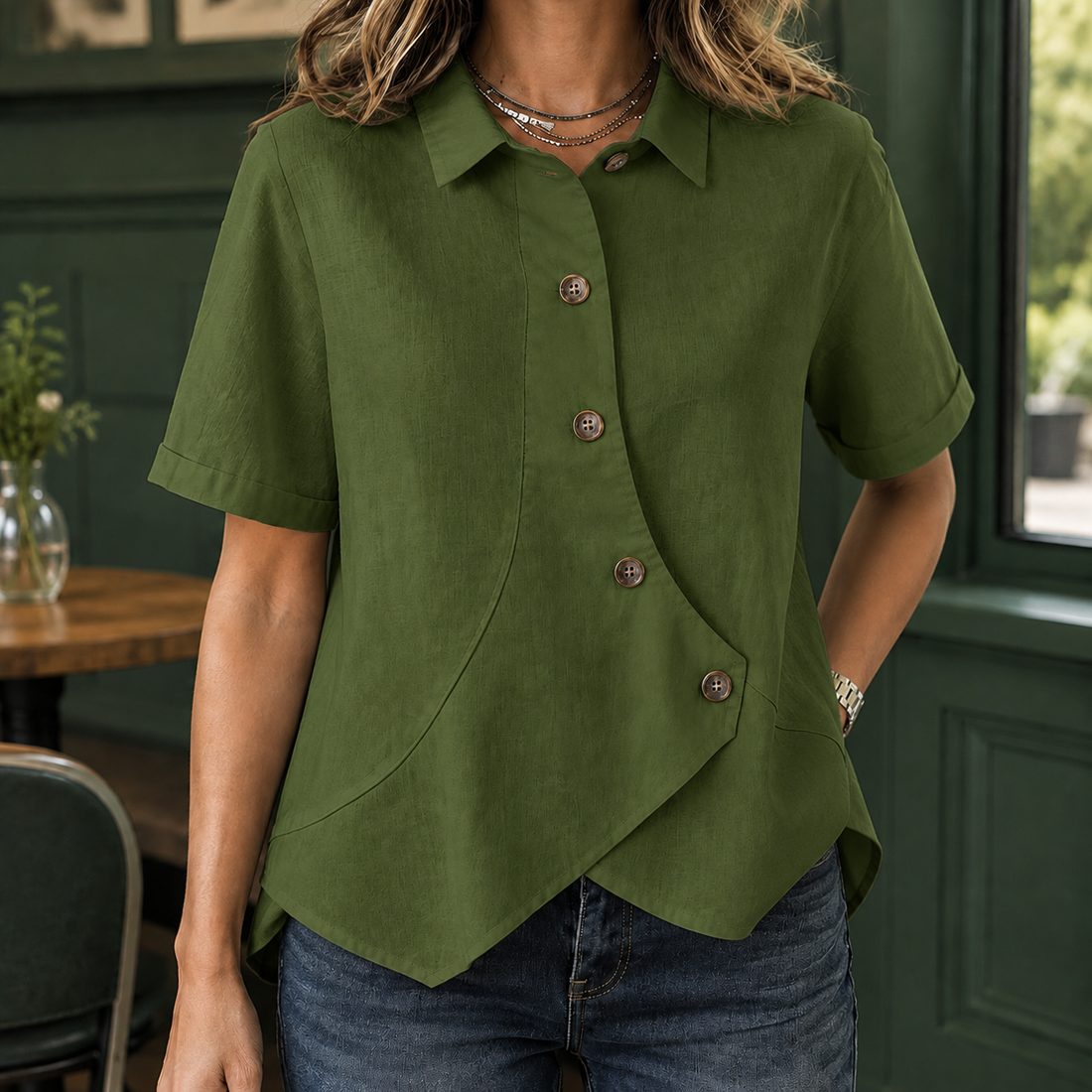 Thomasina Asymmetric Shirt - Army Green