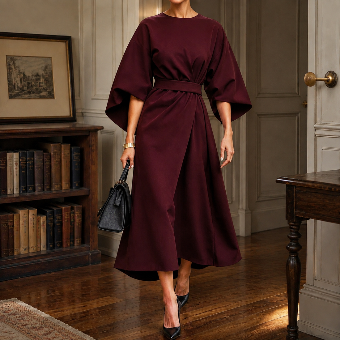 April-Kate Belted Cape Dress - Burgundy