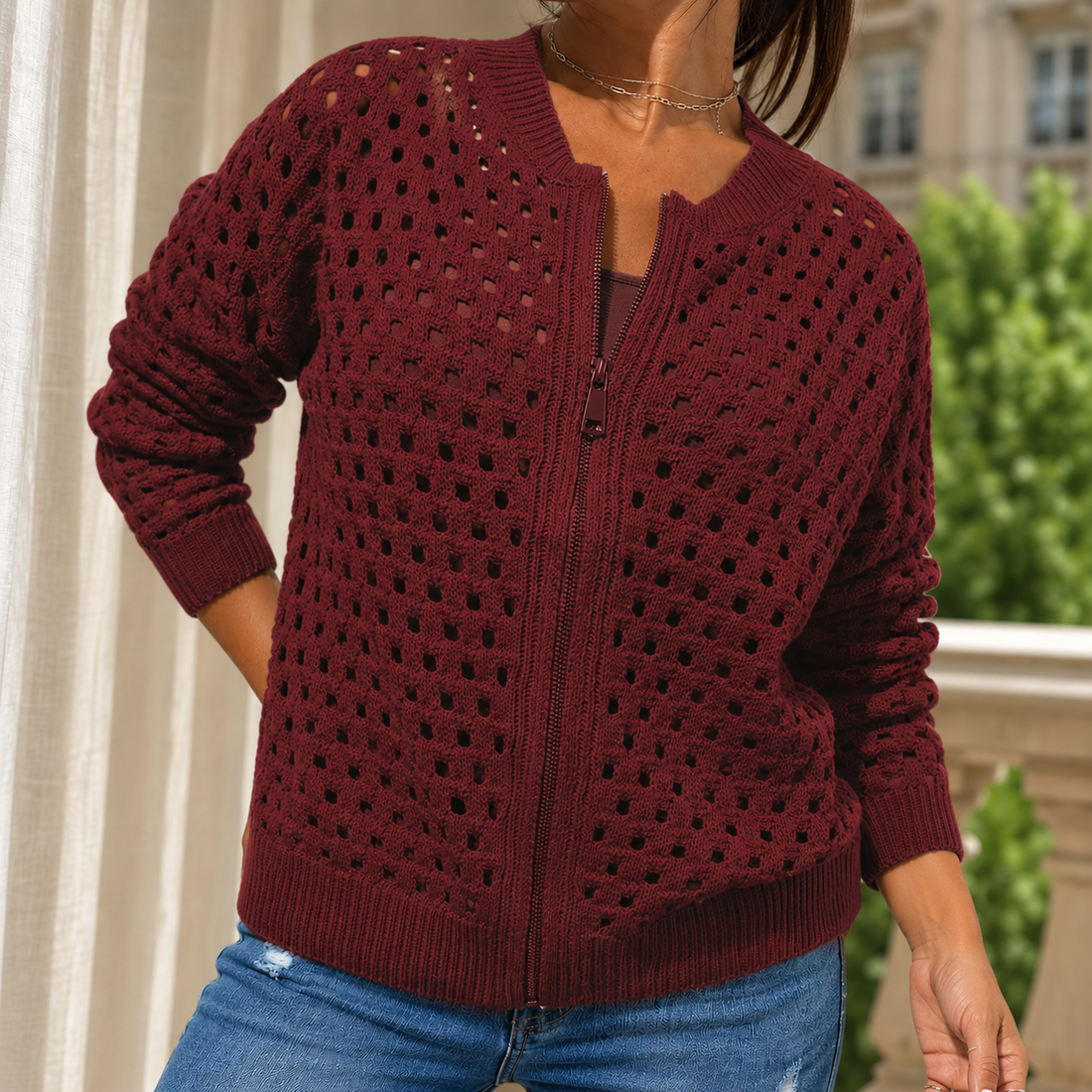 Lydia Open-Knit Sweater - Burgundy