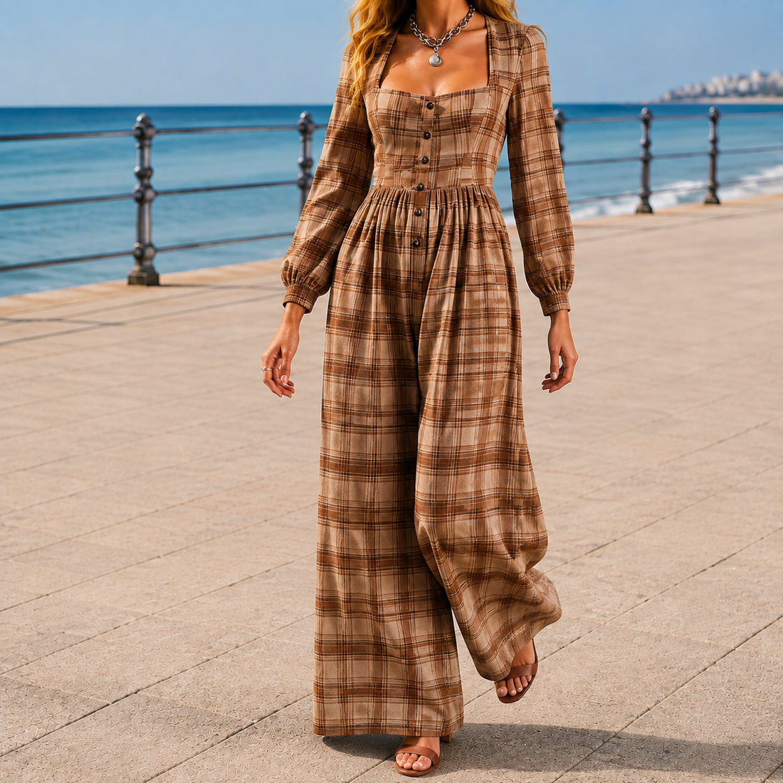 Noelle-Grace Square Neck Jumpsuit - Brown