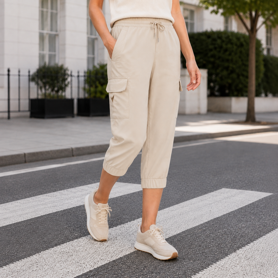Florence-Kate Cropped Cargo Joggers - Sand