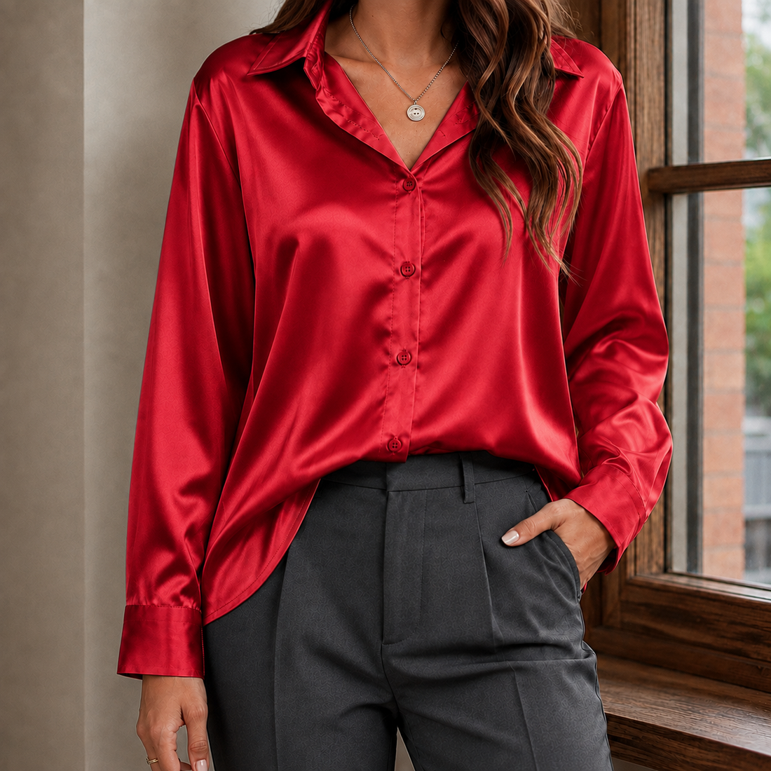 Livia-Belle Relaxed Satin Shirt - Red