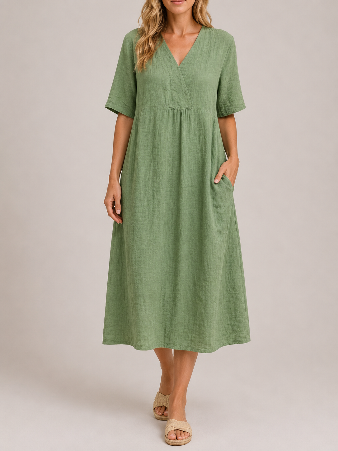 Daphne Linen V-Neck Midi Dress
