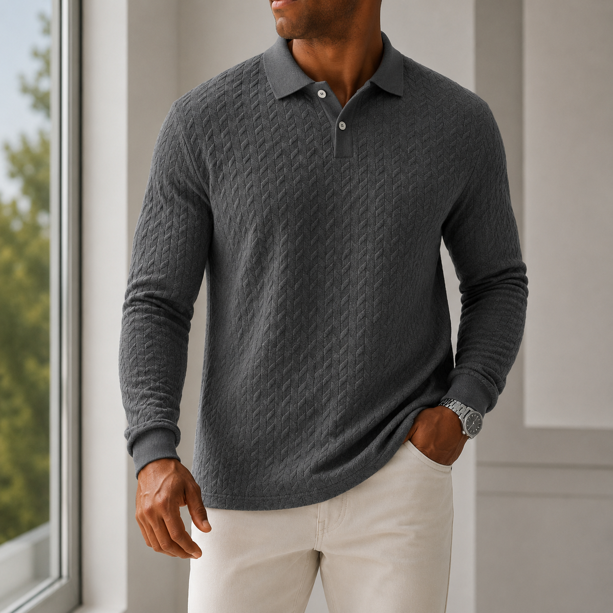 Ainsley Textured Long Sleeve Polo