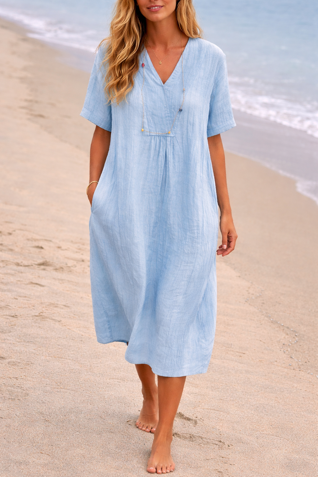 Daphne Linen V-Neck Midi Dress