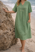 Daphne Linen V-Neck Midi Dress