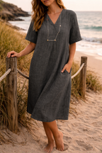 Daphne Linen V-Neck Midi Dress