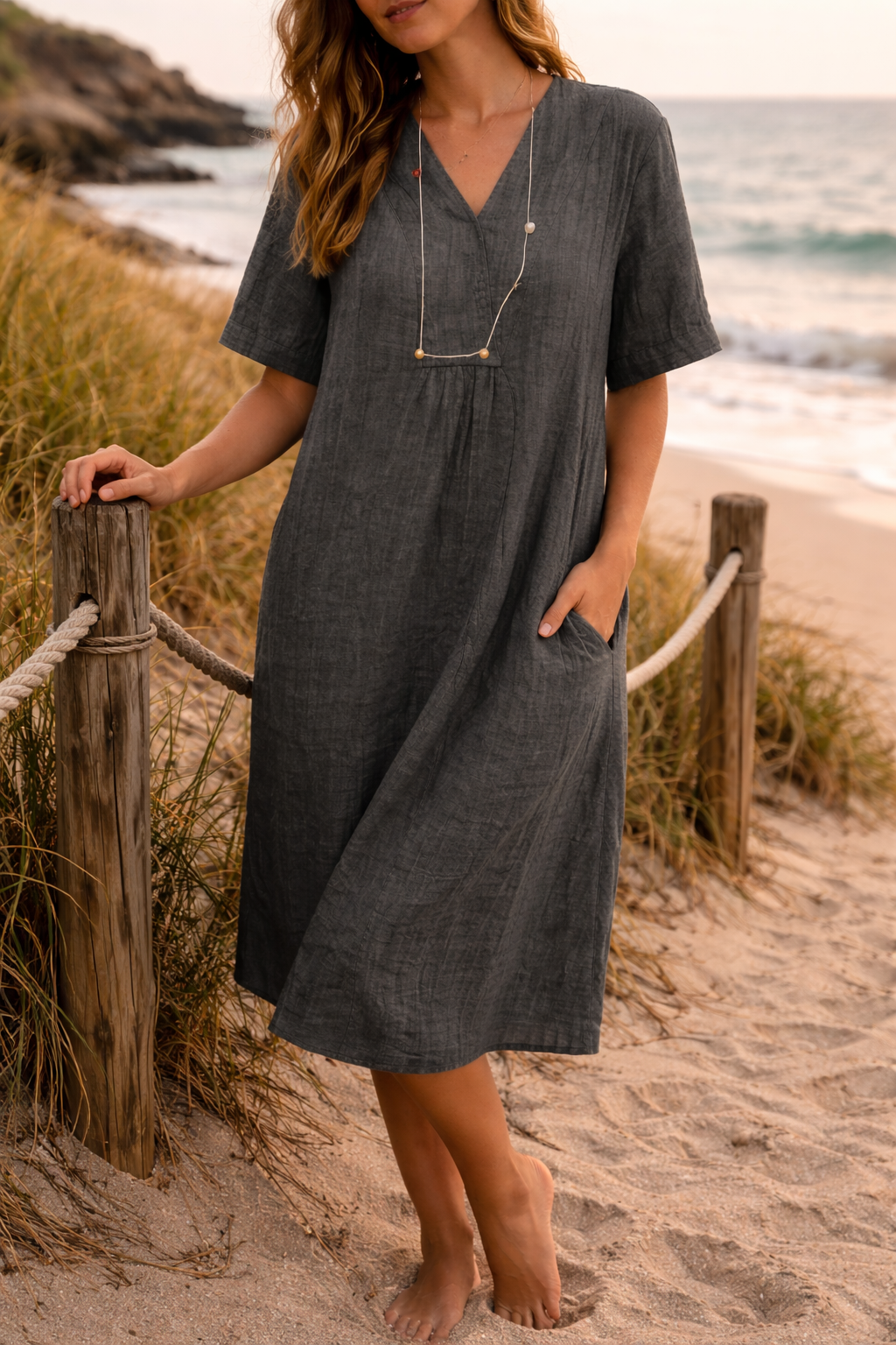 Daphne Linen V-Neck Midi Dress