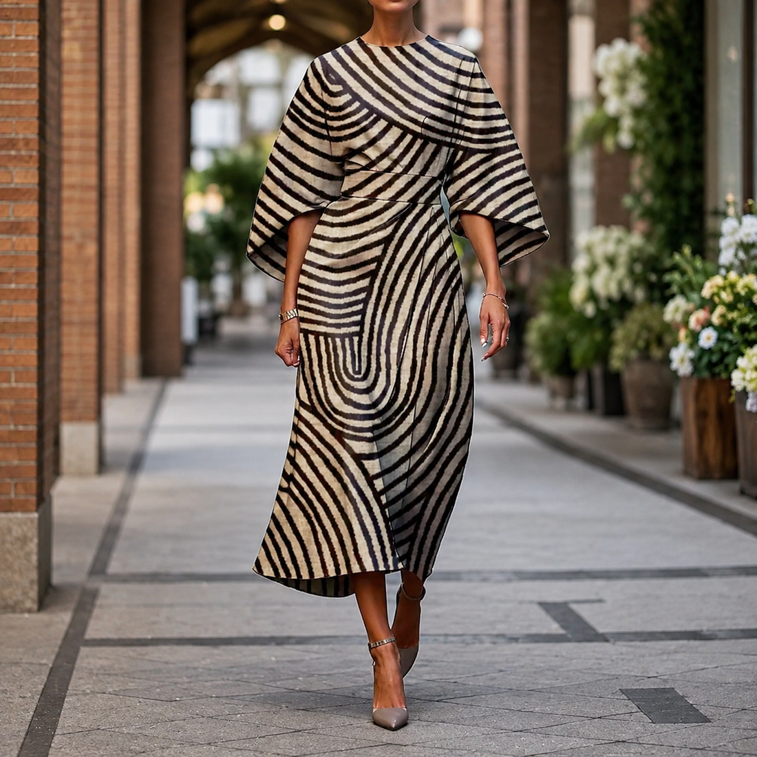 Sofia Batwing Midi Dress - Black Stripe