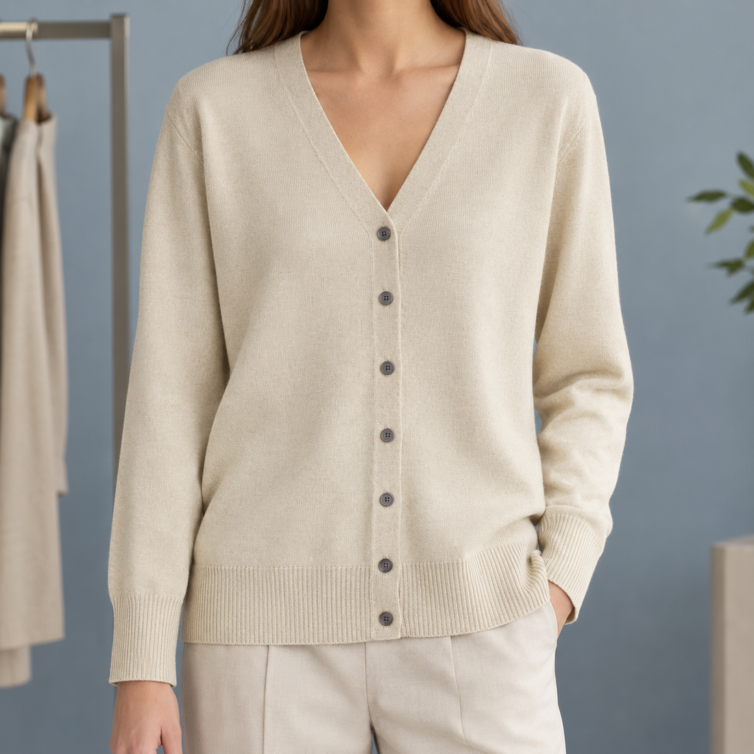 Diantha-Grace V Neck Cardigan - Beige