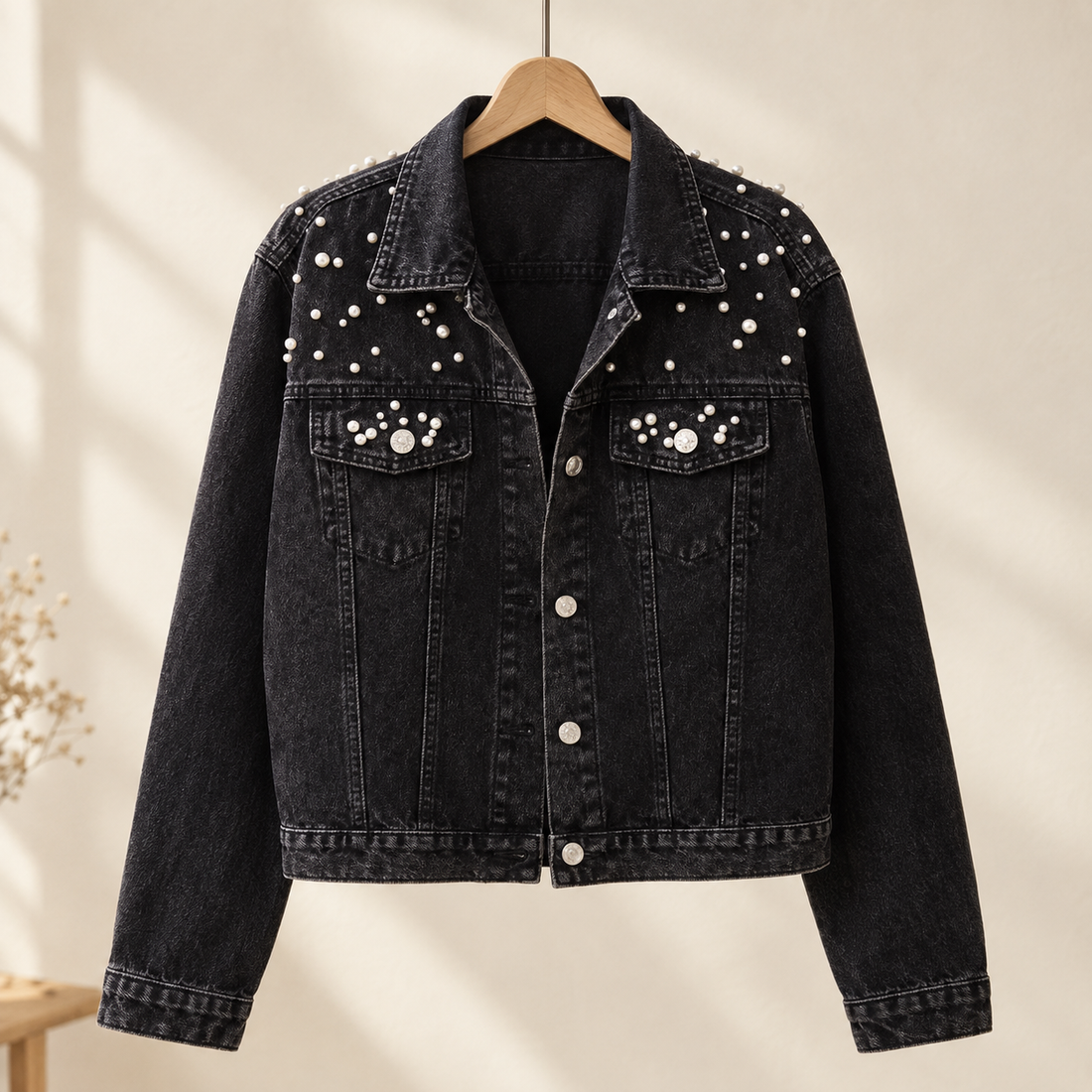 Apolline-Elise Pearl Denim Jacket - Black