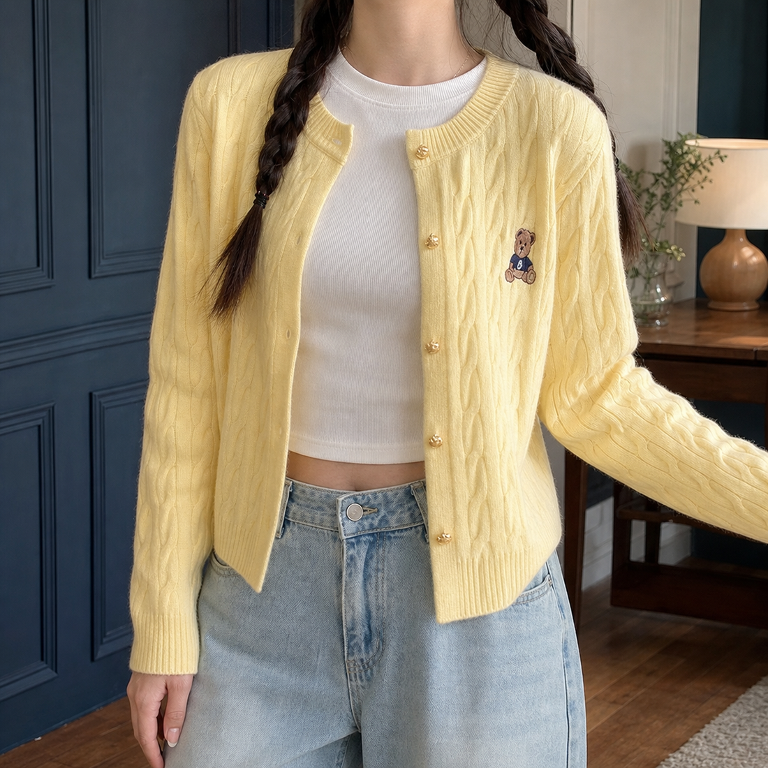 Perpetua-Belle Cable Cardigan - Light Yellow