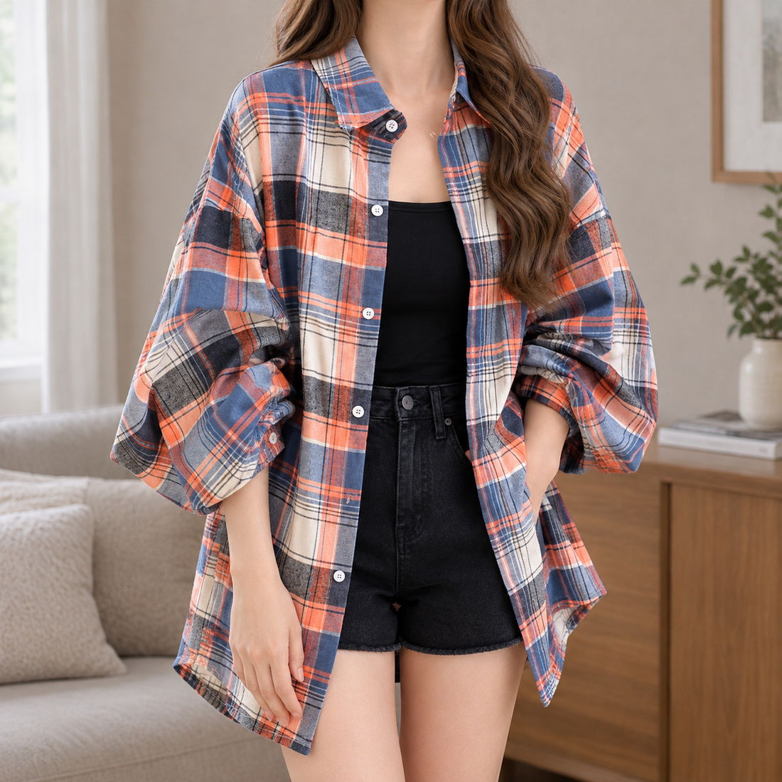 Caroline-June Plaid Overshirt - Orange Blue Plaid