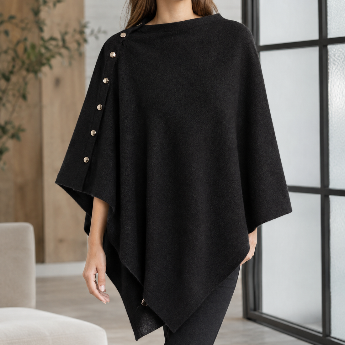Padbury Buttoned Poncho - Black