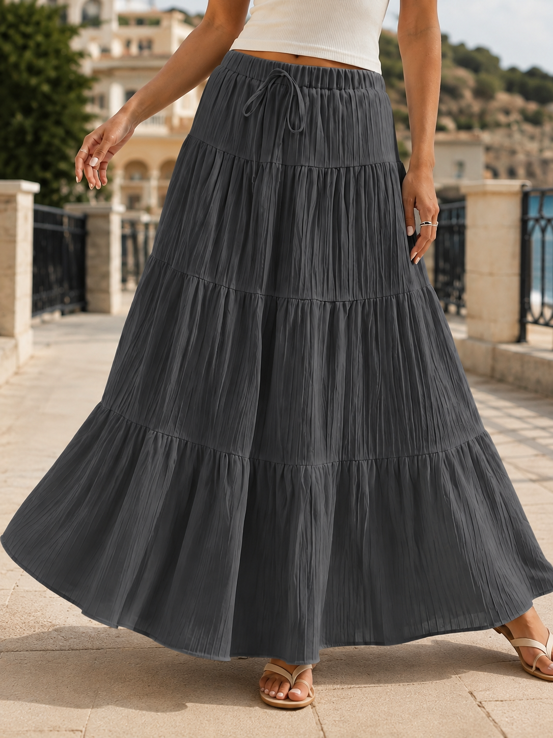 April Tiered Maxi Skirt - Charcoal Gray