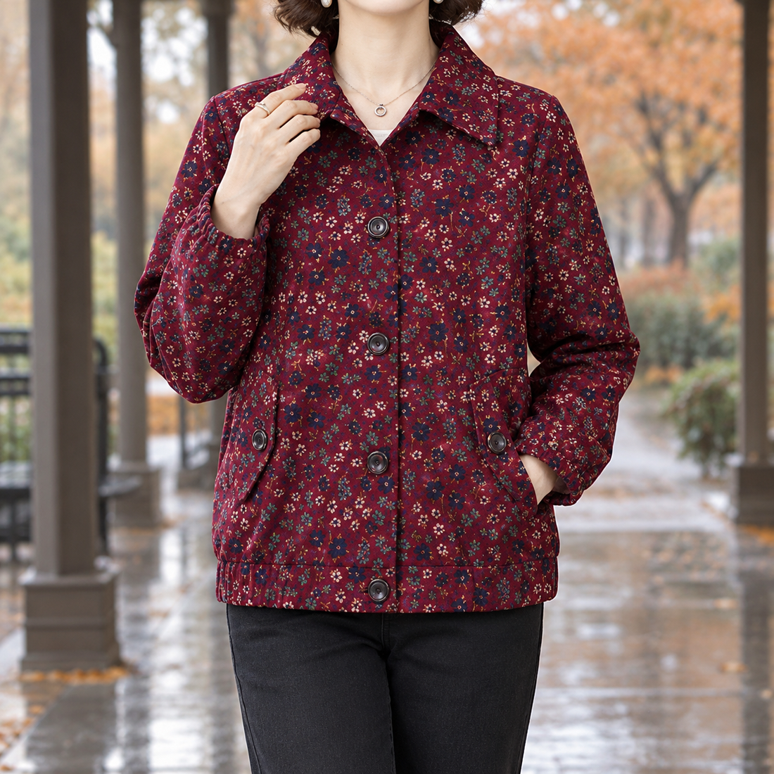 Katherine-Pearl Floral Button Jacket - Red