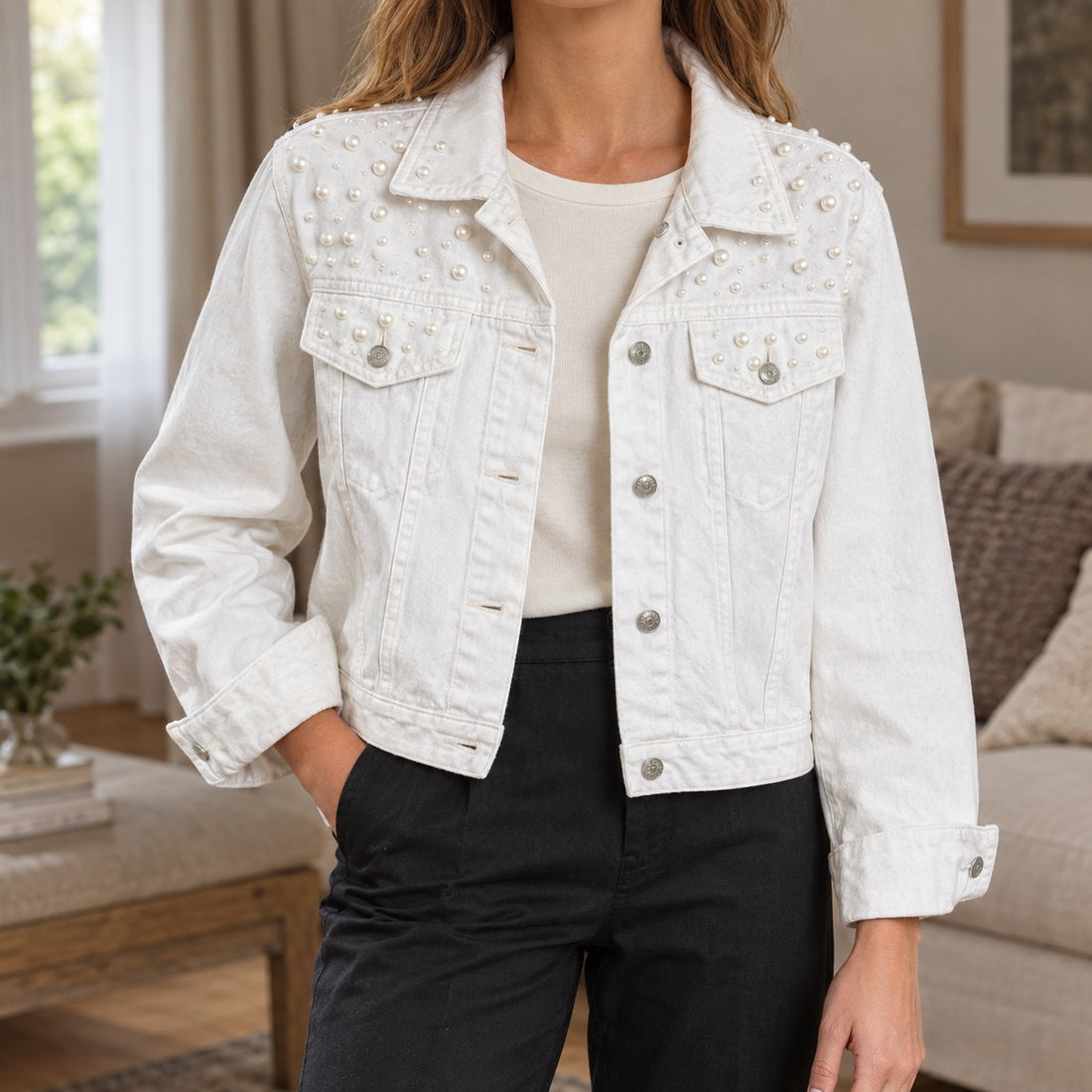 Annabelle-Jade Pearl Denim Jacket - White
