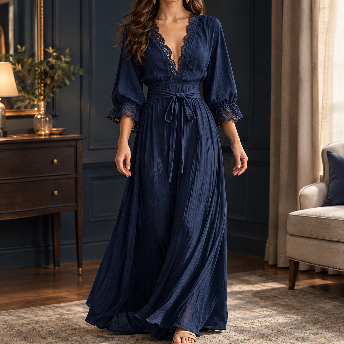 Giselle-Rose Lace Maxi Dress - Dark Blue