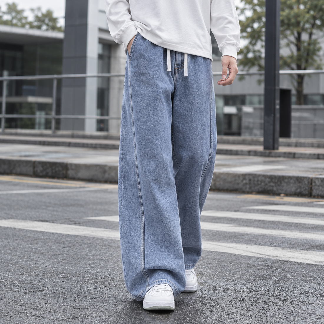 Nicodemus-Stone Relaxed Wide Leg Pants - Light Blue