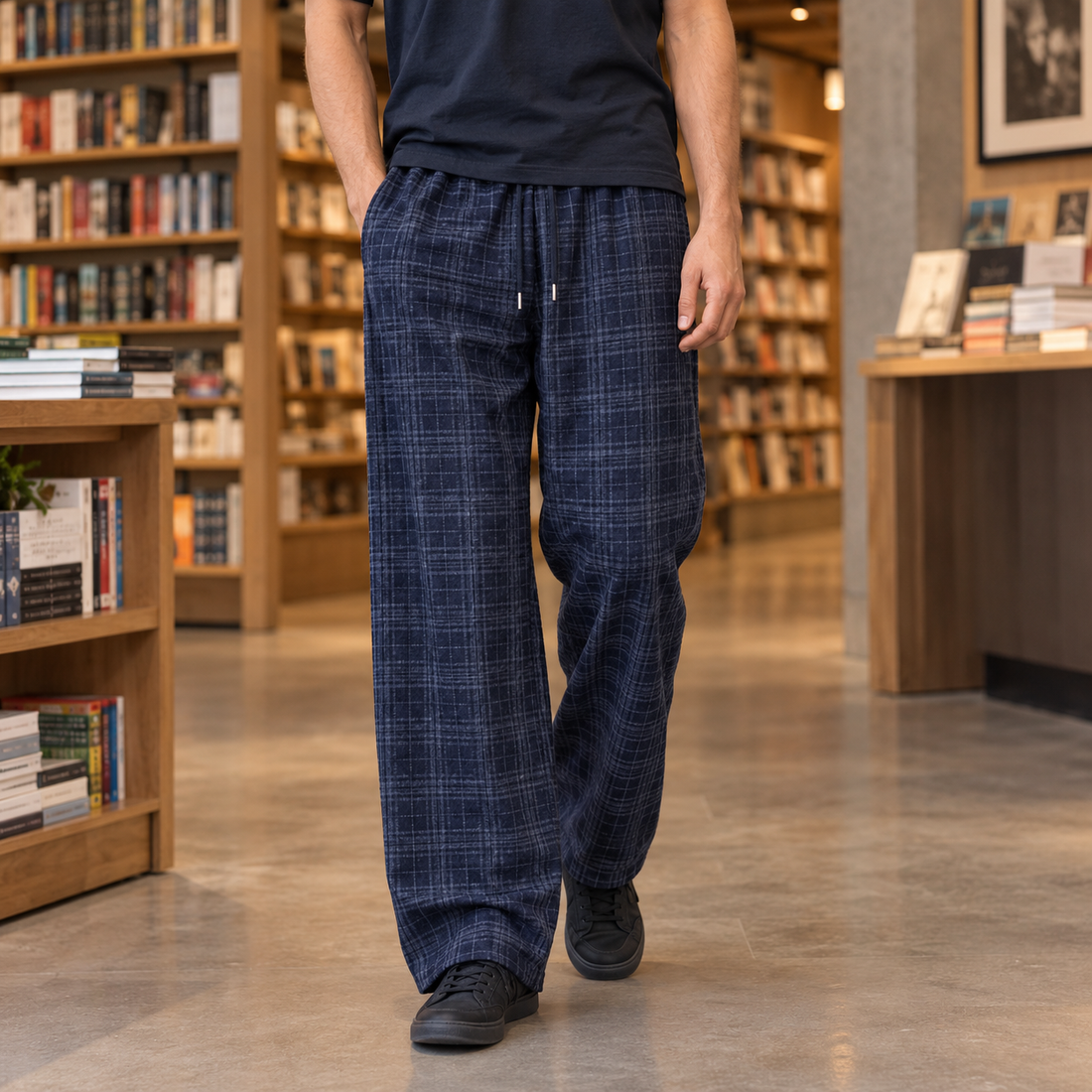 Herbert-Wren Relaxed Plaid Pants - M Plaid Navy Blue