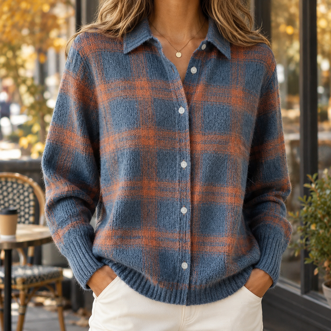 Gillian-Claire Collared Knit Cardigan - Blue Rust Plaid