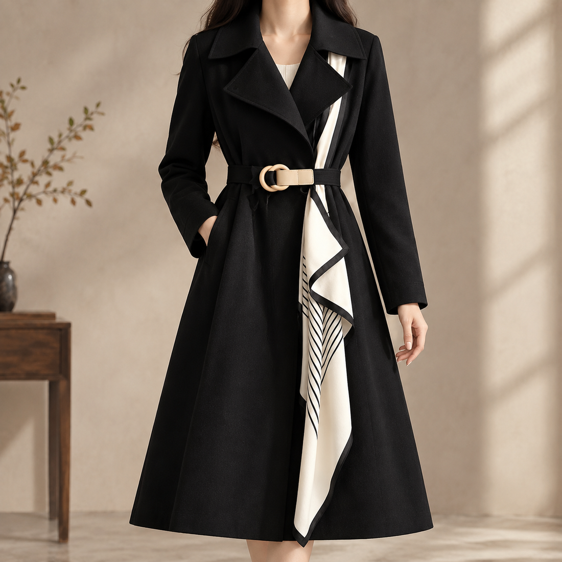 Liliane Belted Overcoat - Black
