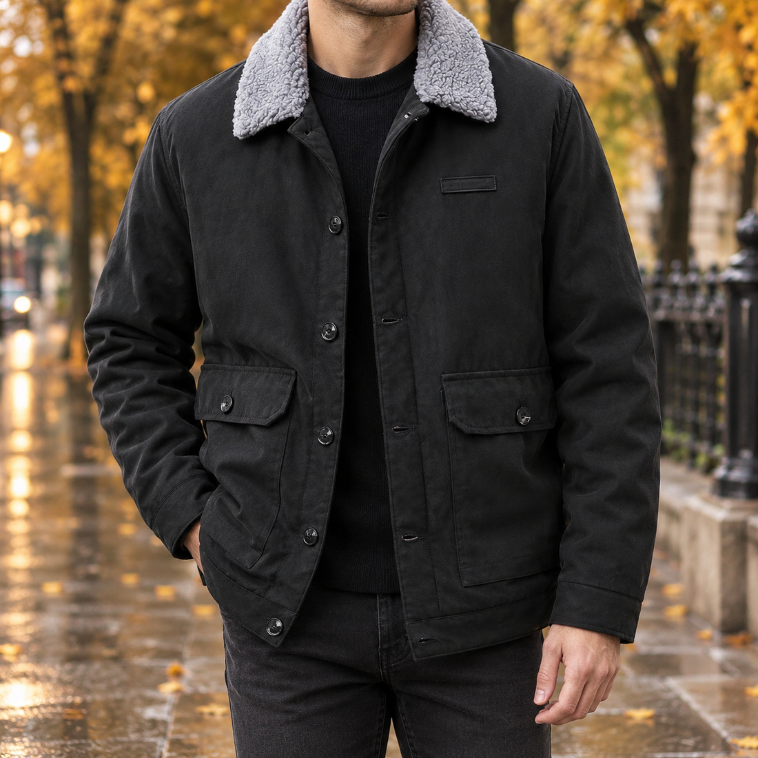 Lucas-Tate Sherpa Collar Jacket - Black