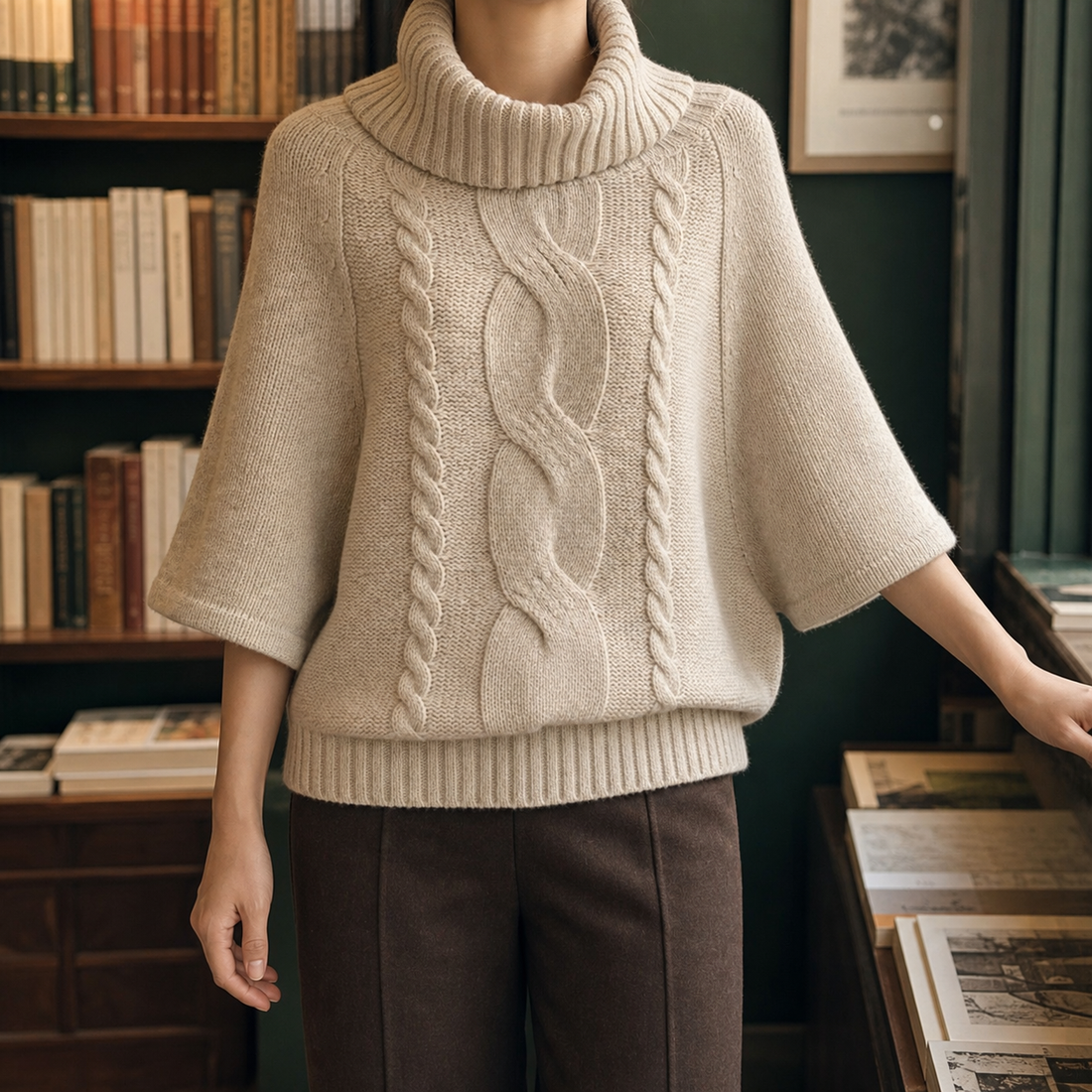 Elmore Cable Knit Poncho - Apricot