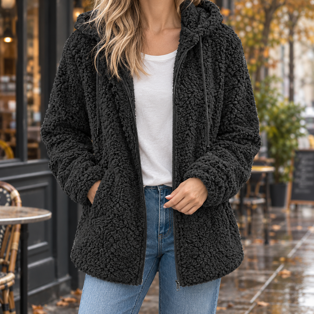 Ines-June Hooded Teddy Jacket - Black