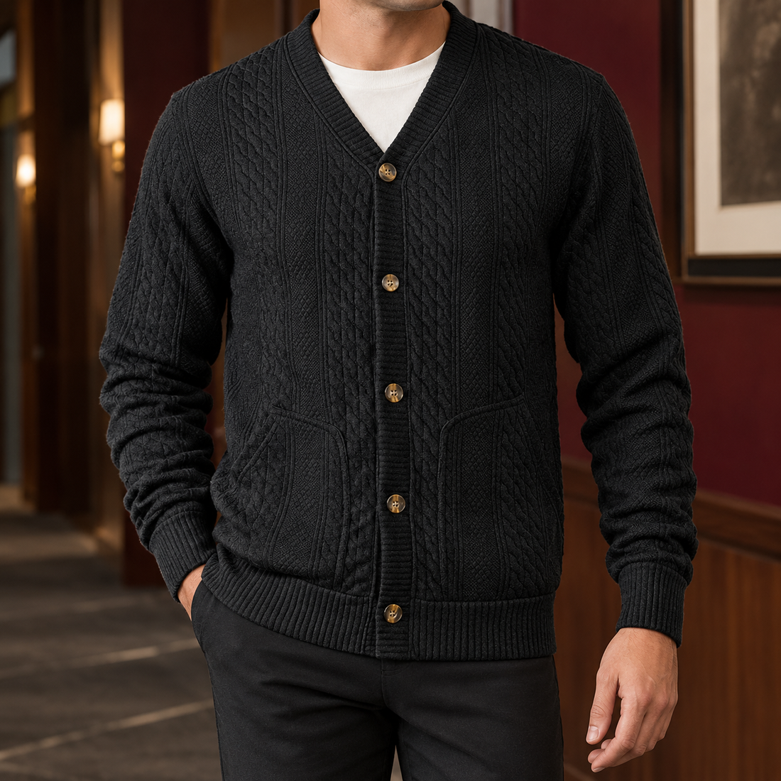 Montgomery-Tate Cable Knit Cardigan - Black