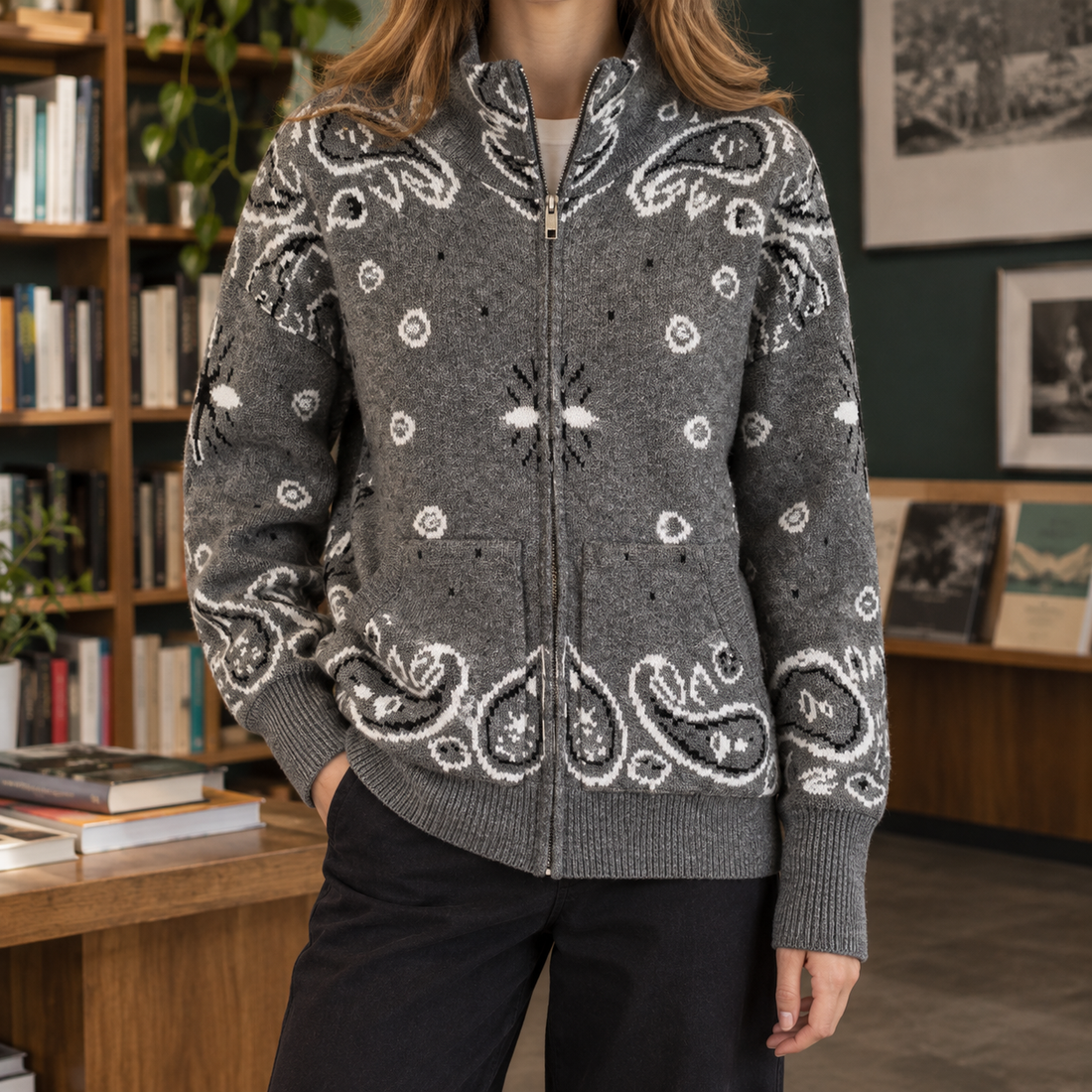 Constance Paisley Zip Sweater - Dark Gray