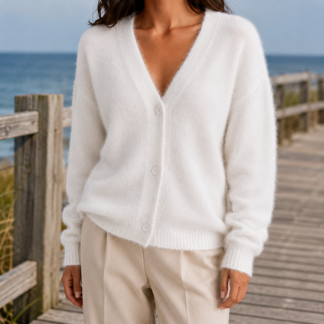 Clara-Pearl V-Neck Sweater - White