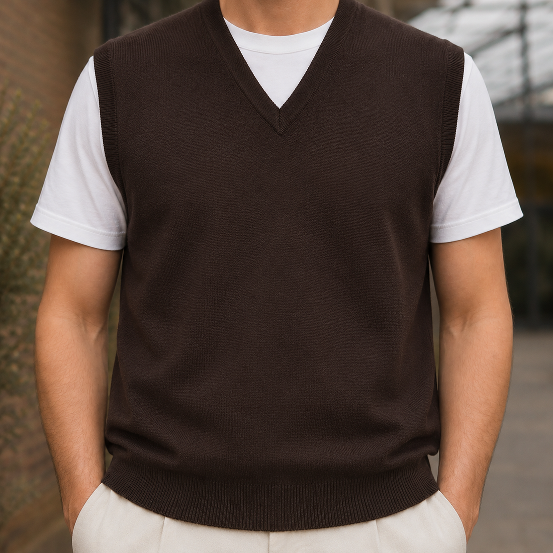 Louis V-Neck Wool Vest - Dark Brown