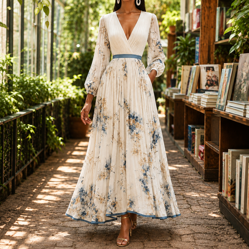 Adele Pleated Maxi Dress - Ivory Floral