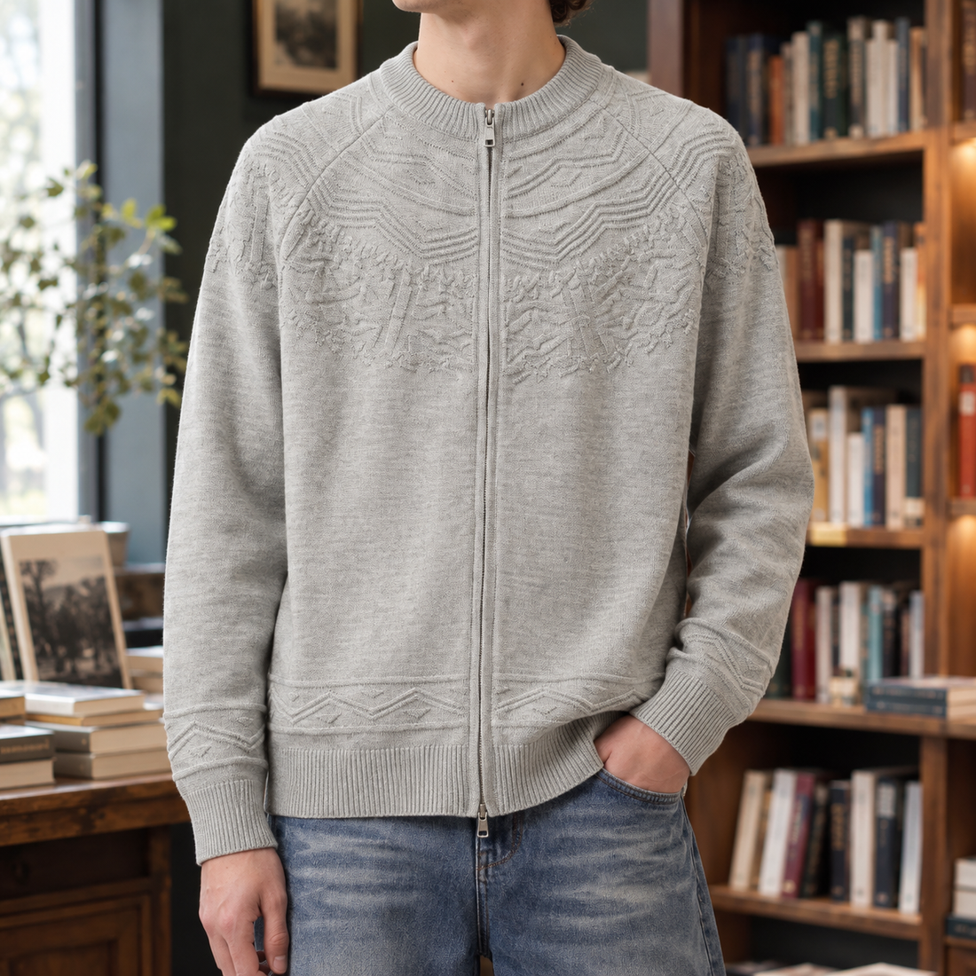 Cyprian-West Jacquard Zip Cardigan - Gray