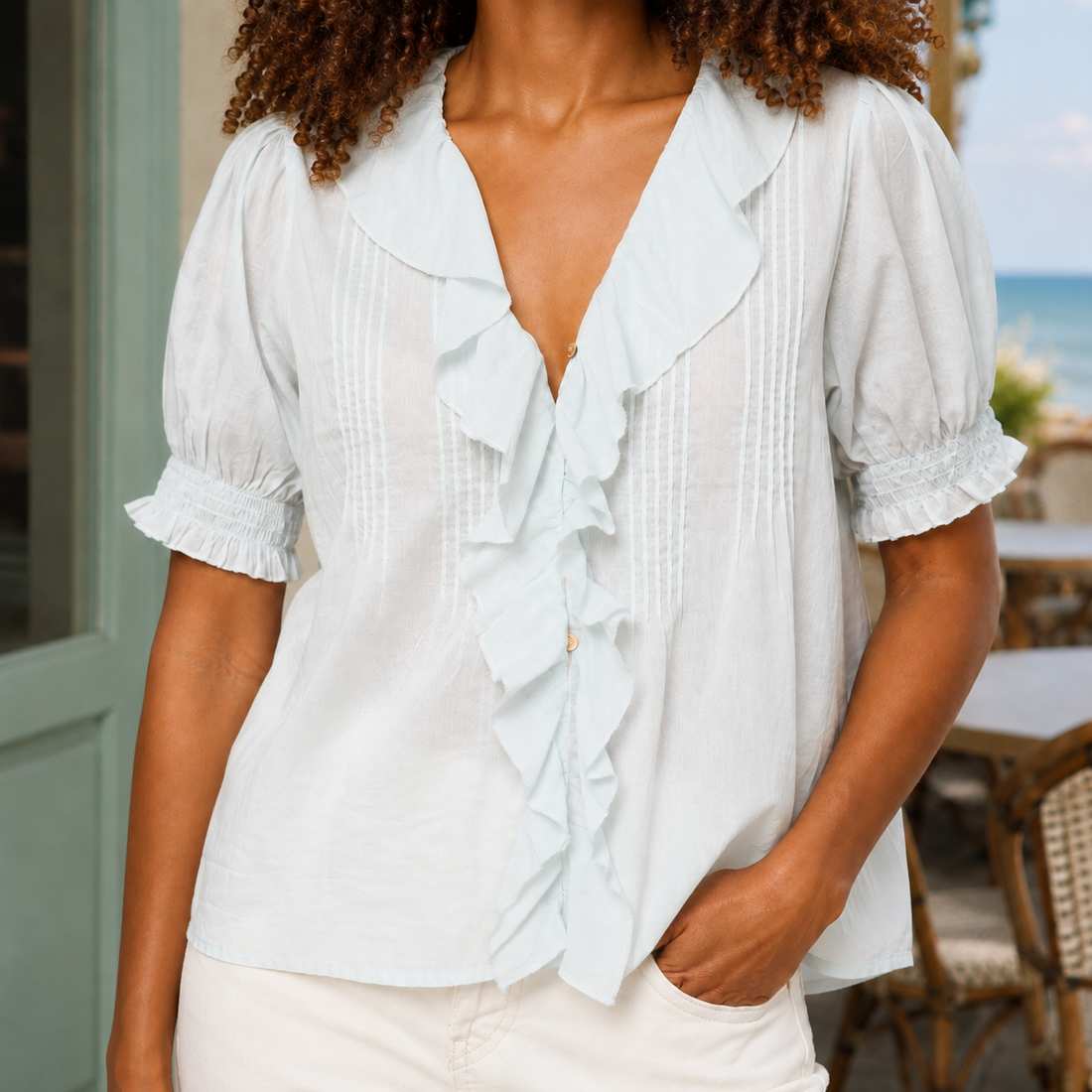 Willa Ruffle Blouse - Light Blue